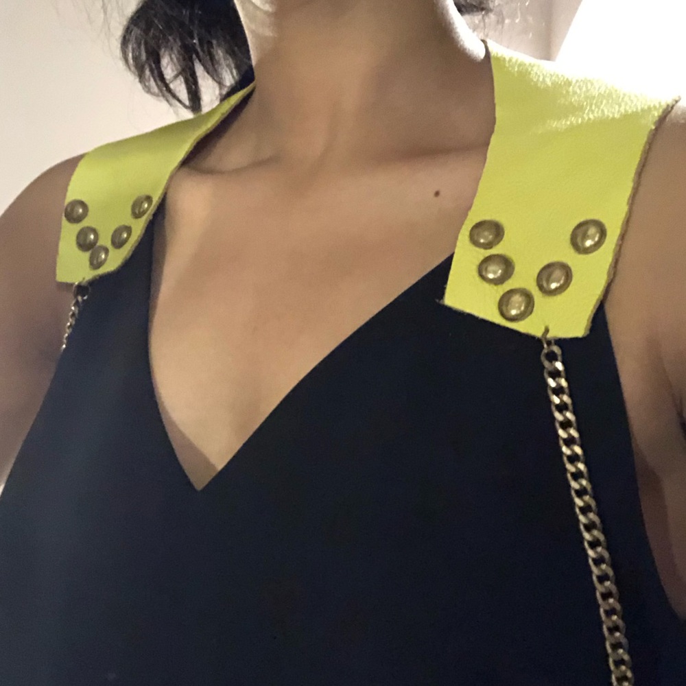 Handcut yellow leather collar vest w brass studs - Picture 7 of 8